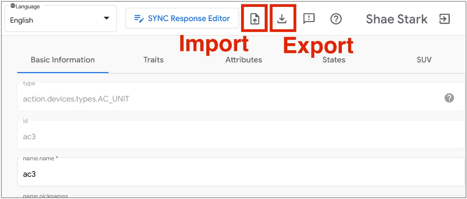 На этом рисунке показан инструмент пользовательского интерфейса для импорта и экспорта виртуальных устройств в Google Home Playground.