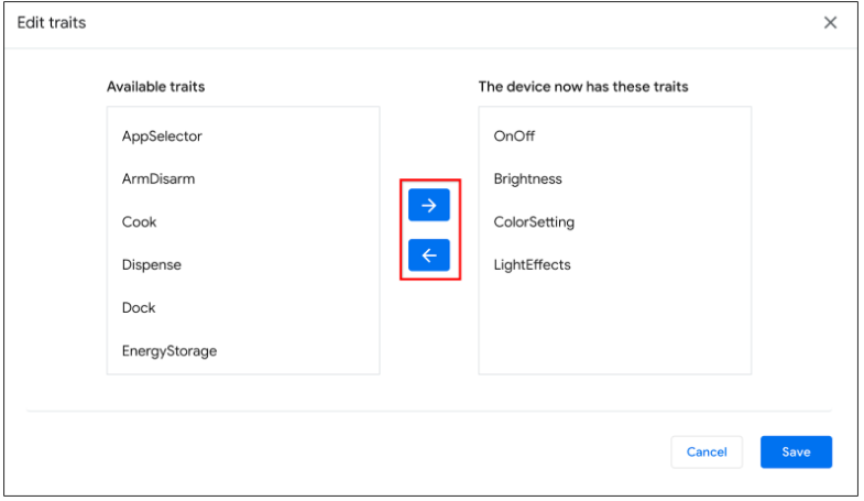 Gambar ini menunjukkan alat UX untuk menambahkan atau menghapus karakteristik
            yang didukung di perangkat yang dipilih di Google Home Playground.