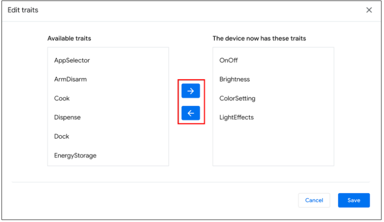 이 그림은 Google Home 플레이그라운드의 선택된 기기에서 지원되는 특성을 추가하거나 삭제하는 UX 도구를 보여줍니다.