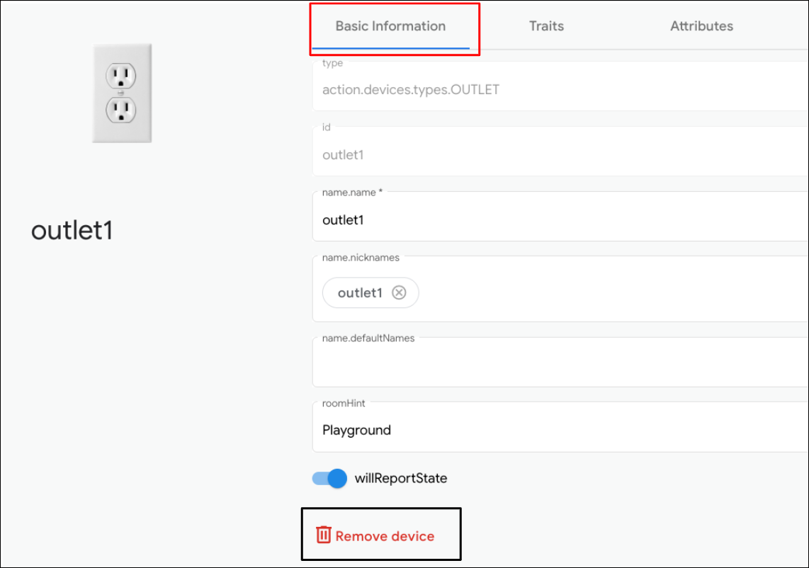 Ilustracja przedstawia narzędzie UX do usuwania typu urządzenia wirtualnego w Google Home Playground.