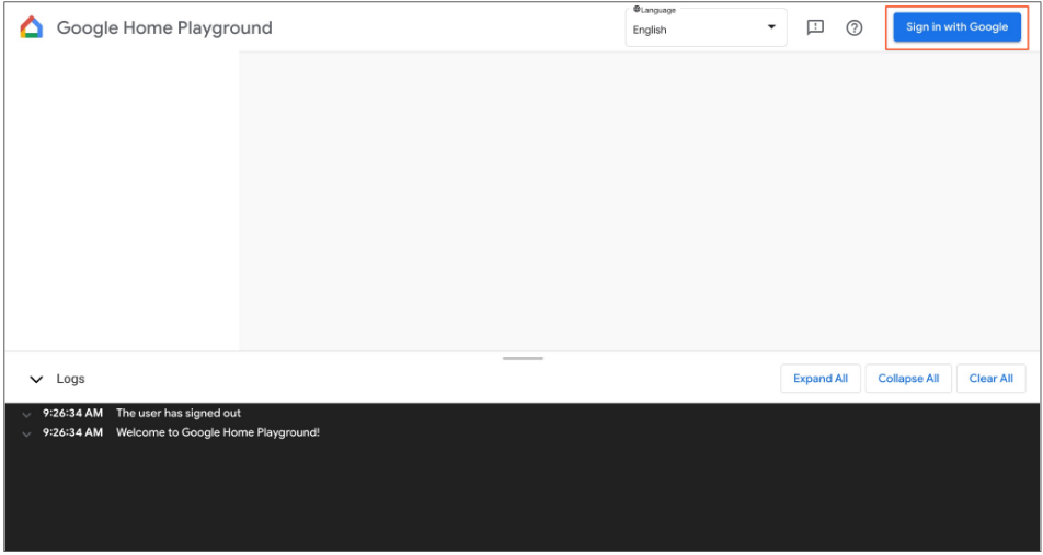 يعرض هذا الشكل الحالة الأولية لتطبيق Google Home Playground،
            كما يُبرز زر تسجيل الدخول في أعلى يسار الصفحة.