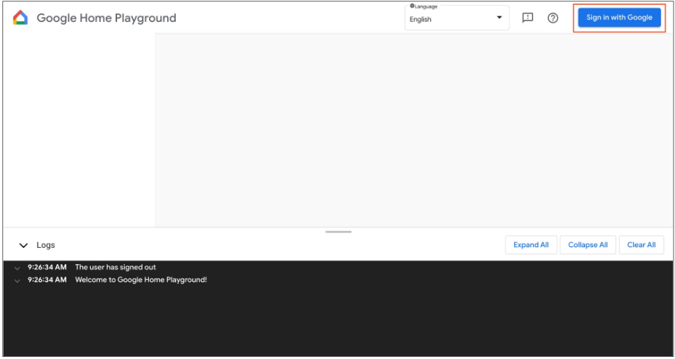 يوضح هذا الشكل الحالة الأولية لـ Google Home Playground،
            ويميز زر تسجيل الدخول في أعلى الجانب الأيسر.