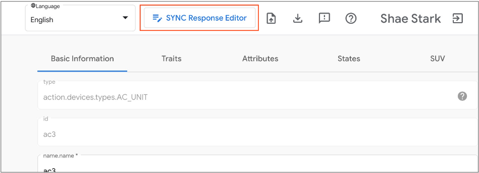This figure shows the button to open the sync response editor.