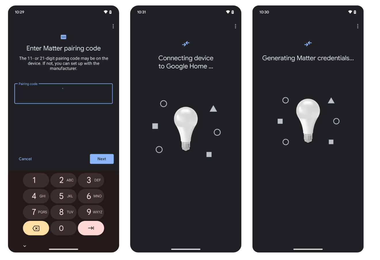 This figure shows how to pair a Matter device to Google Home