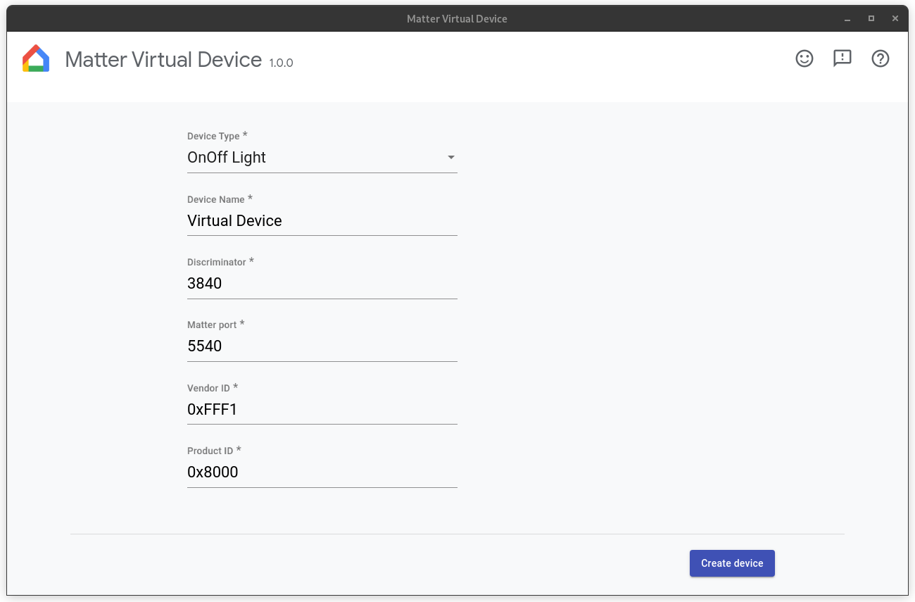 Tela de configuração do dispositivo virtual