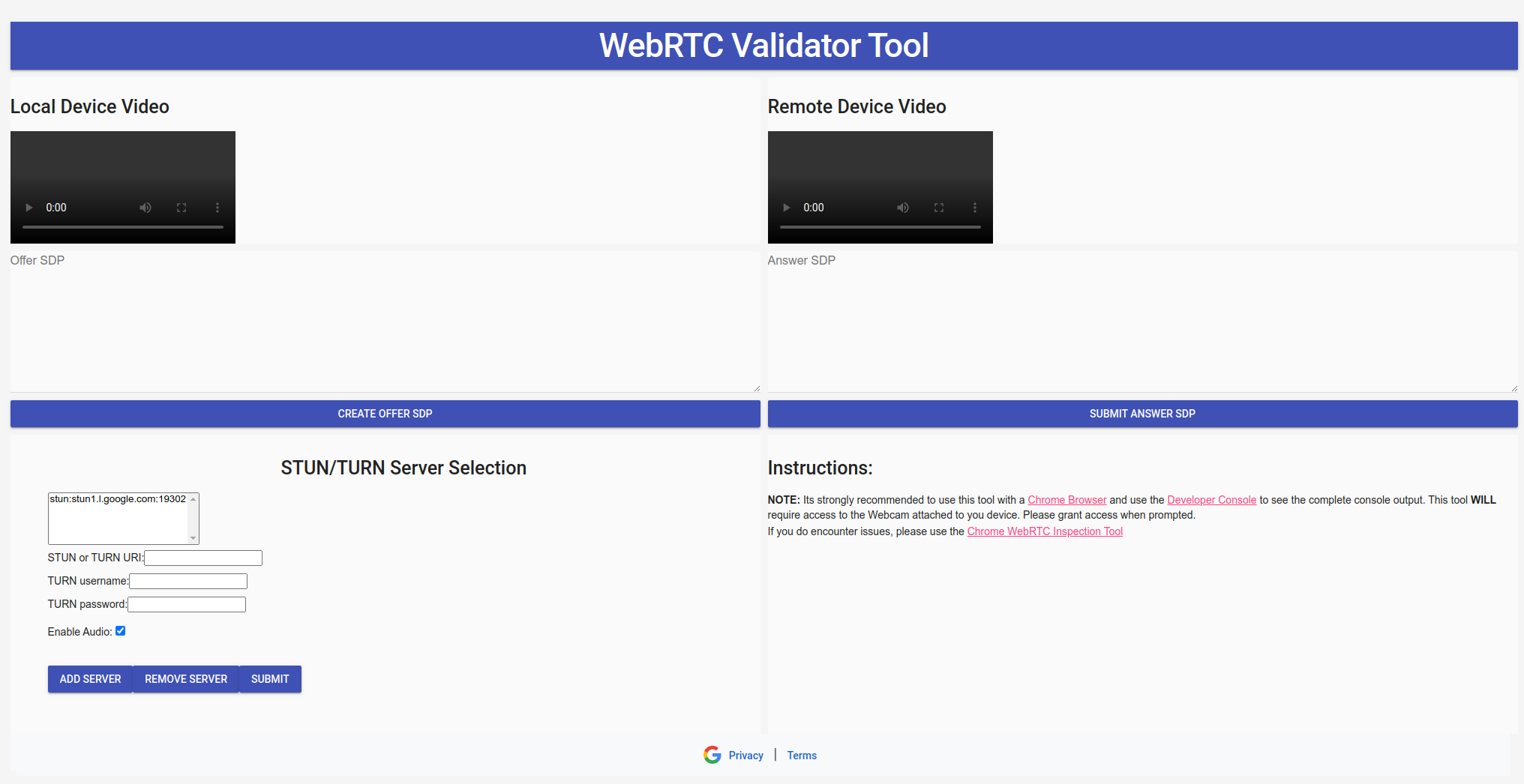 תמונה של סקירה כללית של הכלי לאימות WebRTC.