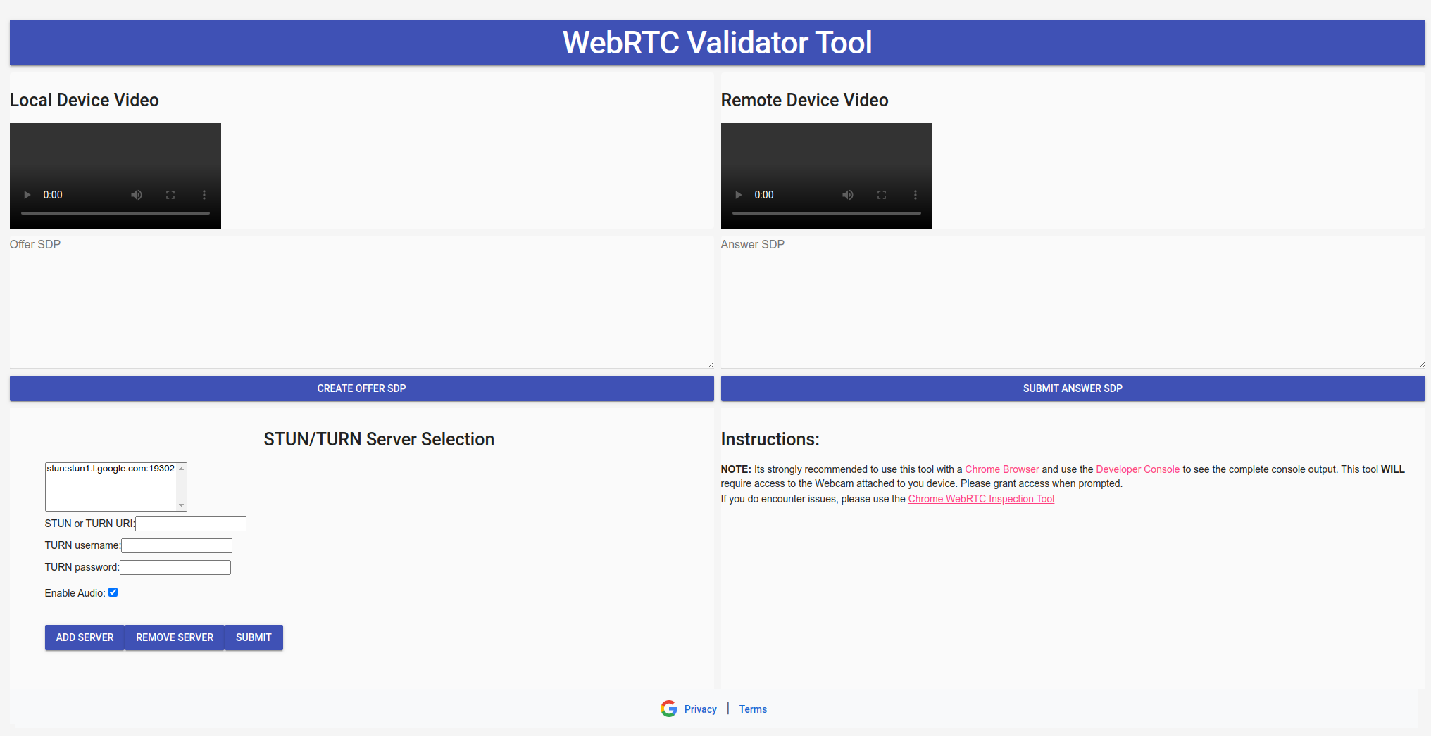 Imagem da visão geral da ferramenta de validador WebRTC.