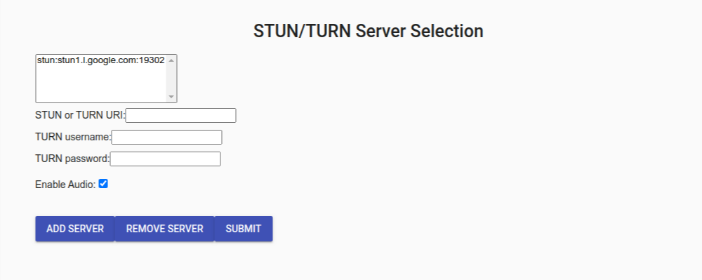 Kästchen zum Auswählen des STUN/TURN-Servers