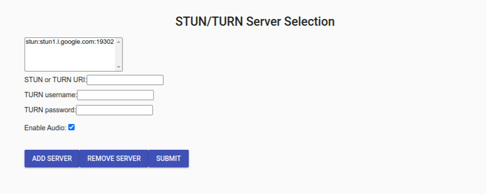 STUN/TURN server selection box.